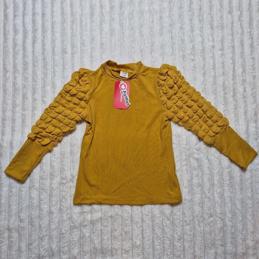 PatPat Kids Mustard Yellow Ribbed Mock Neck Popcorn Bubble Sleeve Top Size 5-6Y